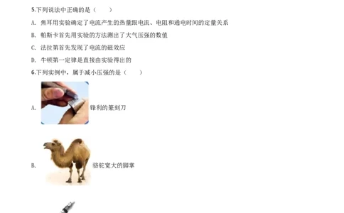 精品解析：2020年四川省乐山市中考物理试题（原卷版）_中考真题_4.物理中考真题2015-2024年_2020中考物理真题110份_2020年中考真题精品解析物理（四川乐山卷）精编word版