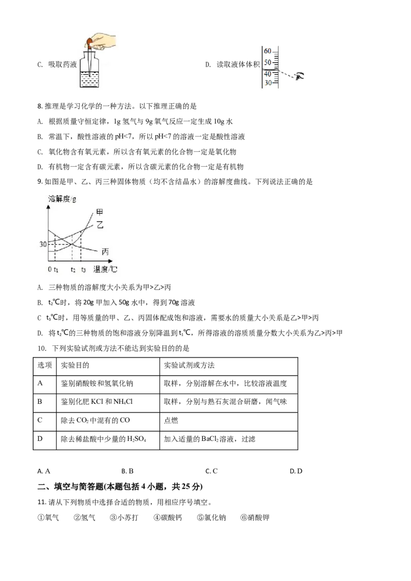 甘肃省定西市2021年中考化学试题（原卷版）_中考真题_5.化学中考真题2015-2024年_2021年中考化学真题（83份）_定西化学