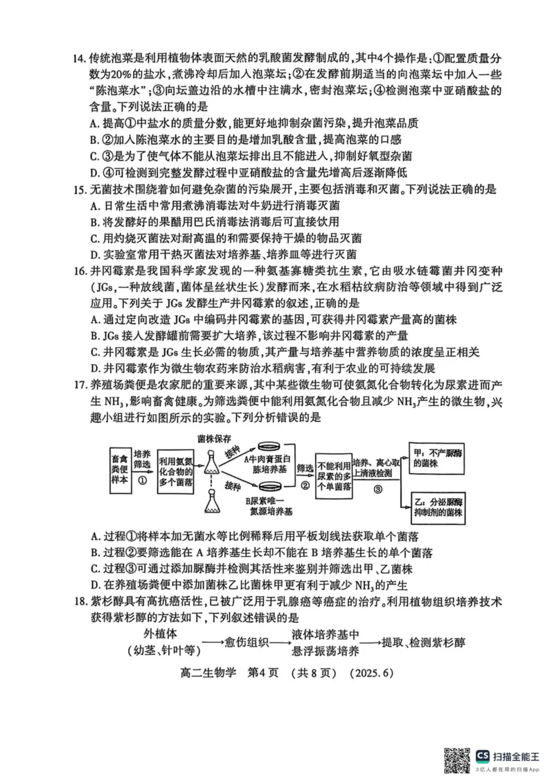 洛阳2024-2025学年6月高二质量检测-生物试卷_2025年6月_250614河南洛阳市2024-2025学年6月高二质量检测（全科）(1)