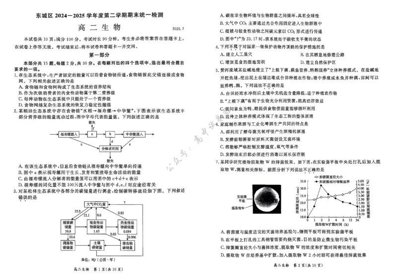 北京市东城区2024-2025学年度高二第二学期期末统一检测生物学试卷（含答案）_2025年7月_250728北京市东城区2024-2025学年高二下学期期末考试（全科）