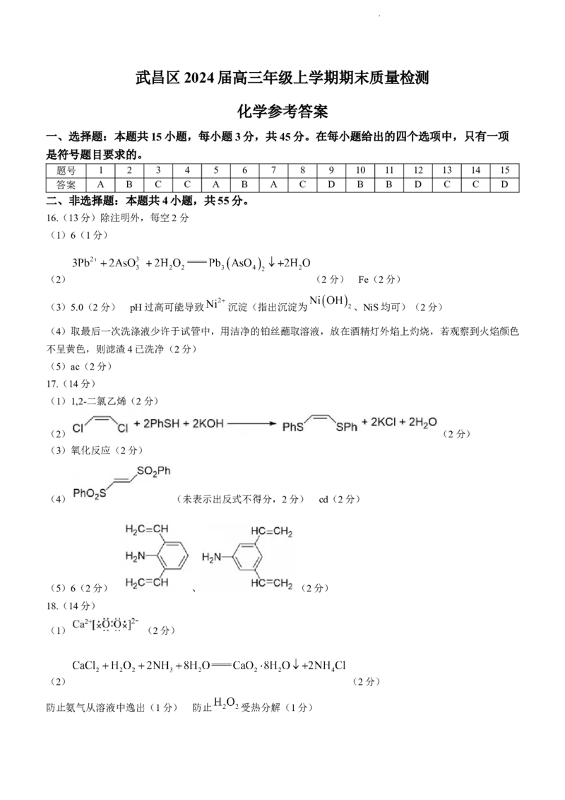 2024届湖北省武汉市武昌区高三上学期期末质量检测试题化学(1)_2024年1月_021月合集_2024届湖北省武汉市武昌区高三上学期期末质量检测试题