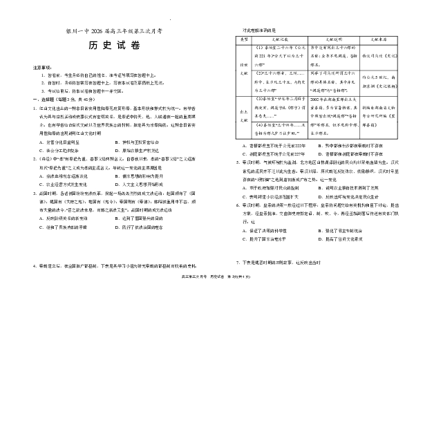 宁夏回族自治区银川一中2025-2026学年高三上学期第三次月考历史试卷（含答案）_251101宁夏回族自治区银川一中2026届高三年级第三次月考（全科）