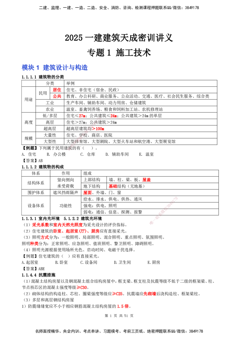 2025一建建筑天成密训讲义+配题_2026年一级建造师_2026年一建建筑_2025年一建建筑SVIP_04-冲刺串讲✿考点强化✿小灶集训_94-建筑《考前天成密训》许军HX_讲义