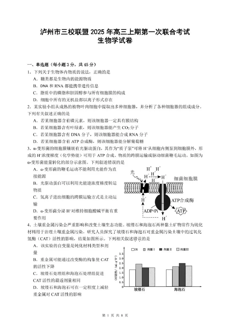 泸州市三校联盟2025年高三上期第一次联合考试生物_251115四川省泸州市三校联盟2025年高三上期第一次联合考试（全科）