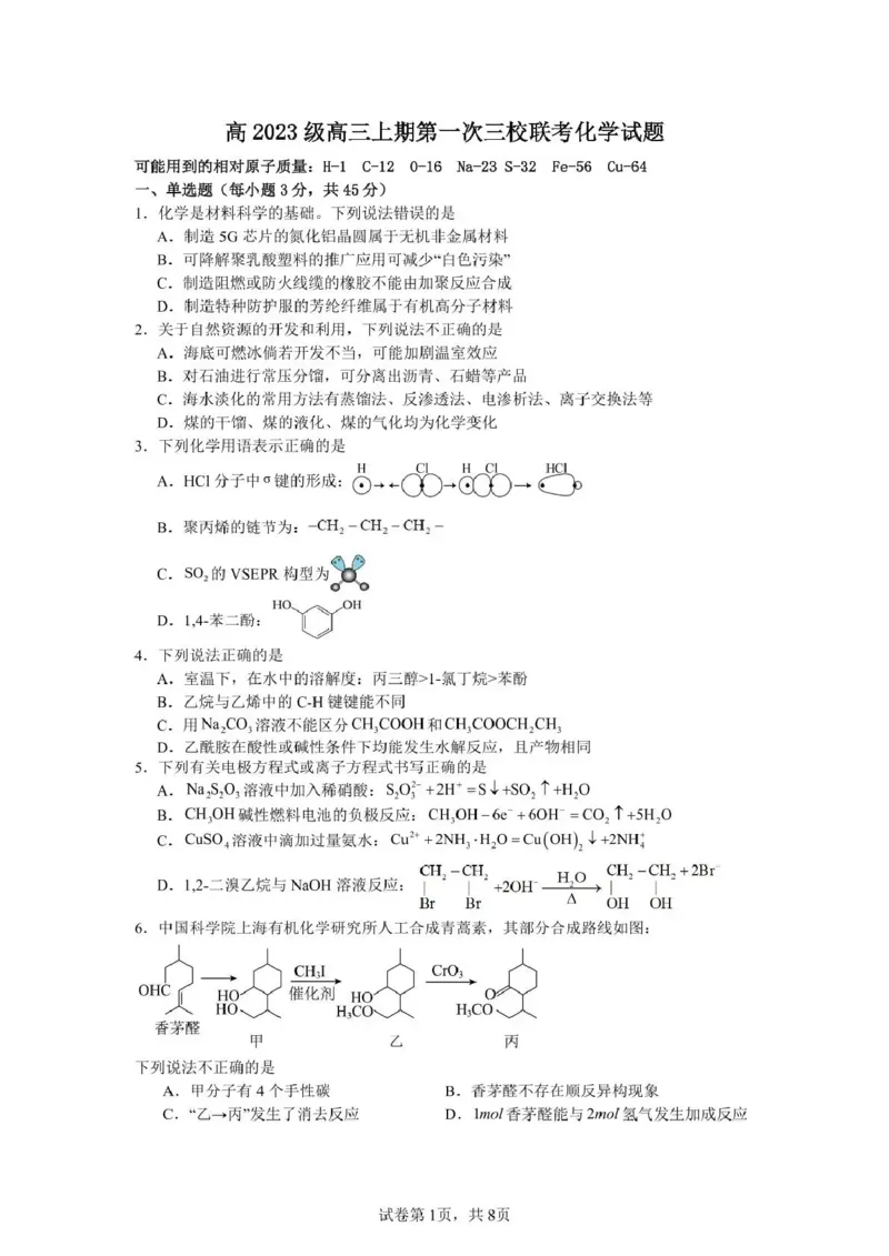 泸州市三校联盟2025年高三上期第一次联合考试化学_251115四川省泸州市三校联盟2025年高三上期第一次联合考试（全科）