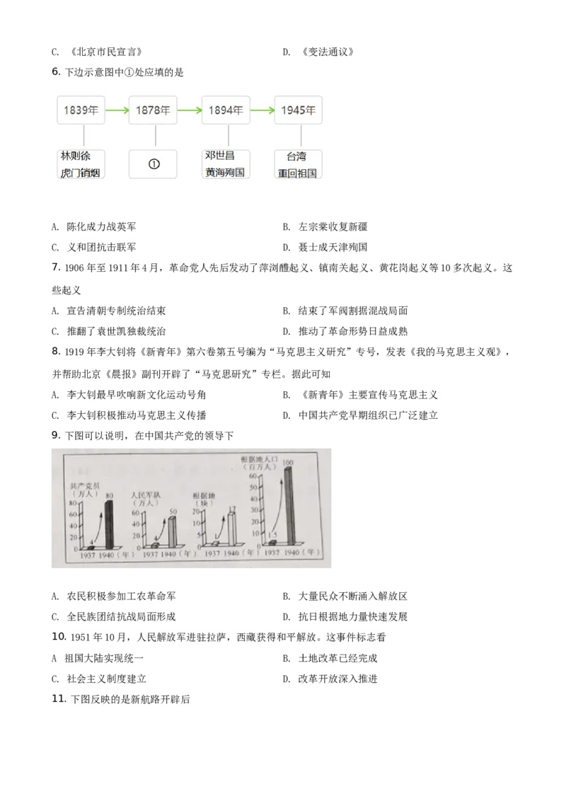 精品解析：2021年广西玉林市中考历史试题（原卷版）_中考真题_6.历史中考真题2015-2024年_地区卷_玉林历史（只有2021