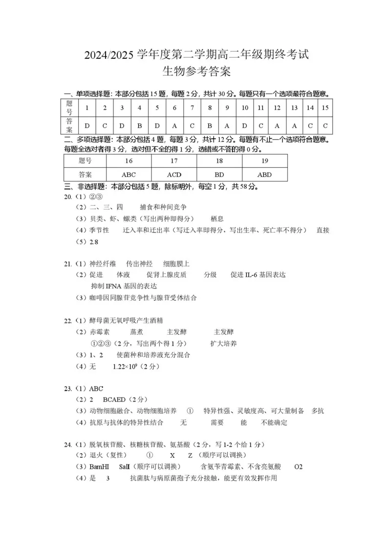 江苏省盐城市2024-2025学年高二下学期期末考试生物试卷（含答案）_2025年6月_250625江苏盐城市2024-2025学年高二下学期期末考试（全科）