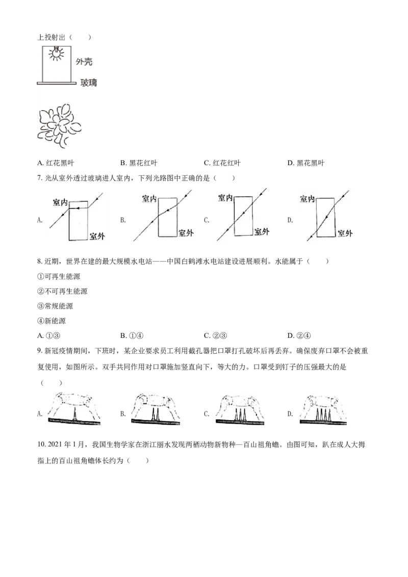 精品解析：2021年江苏省常州市中考物理试题（原卷版）_中考真题_4.物理中考真题2015-2024年_地区卷_江苏省_江苏常州中考物理08-22