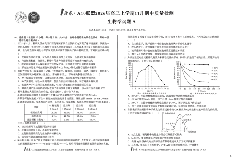 安徽A10联盟26届高三生物11月期中联考试卷_12026年试卷教辅资源等多个文件_251118安徽1号卷&middot;A10联盟2026届高三上学期11月期中质量检测（全科）