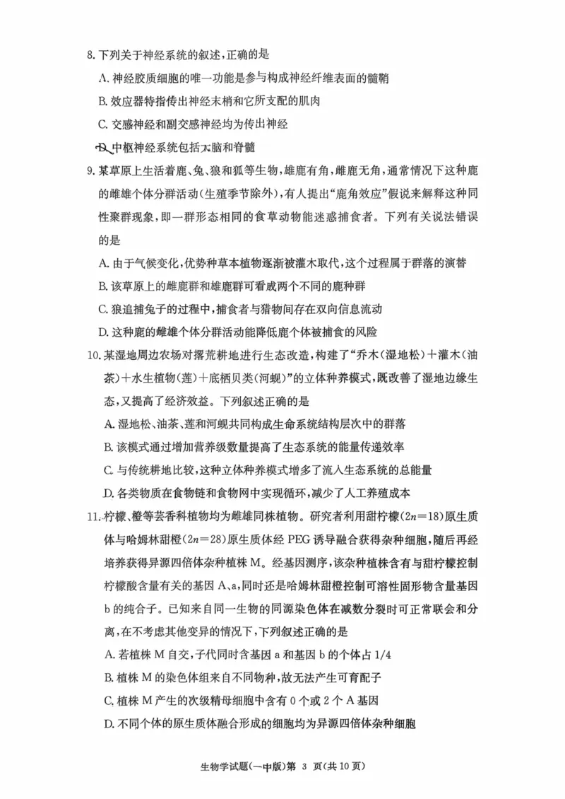 湖南省长沙市第一中学2025-2026学年高三上学期月考（四）（11月）生物学_251130湖南省长沙市第一中学2025-2026学年高三上学期11月月考（全科）