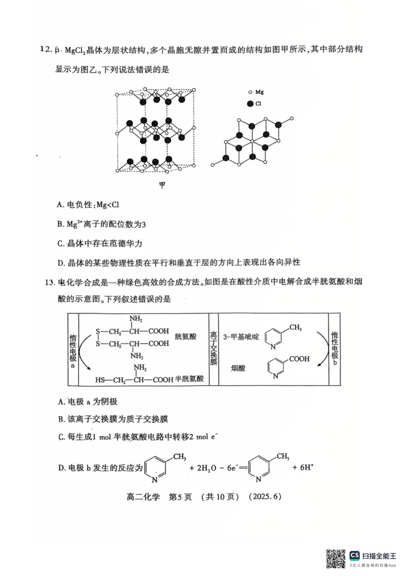 洛阳2024-2025学年6月高二质量检测-化学试卷_2025年6月_250614河南洛阳市2024-2025学年6月高二质量检测（全科）(1)