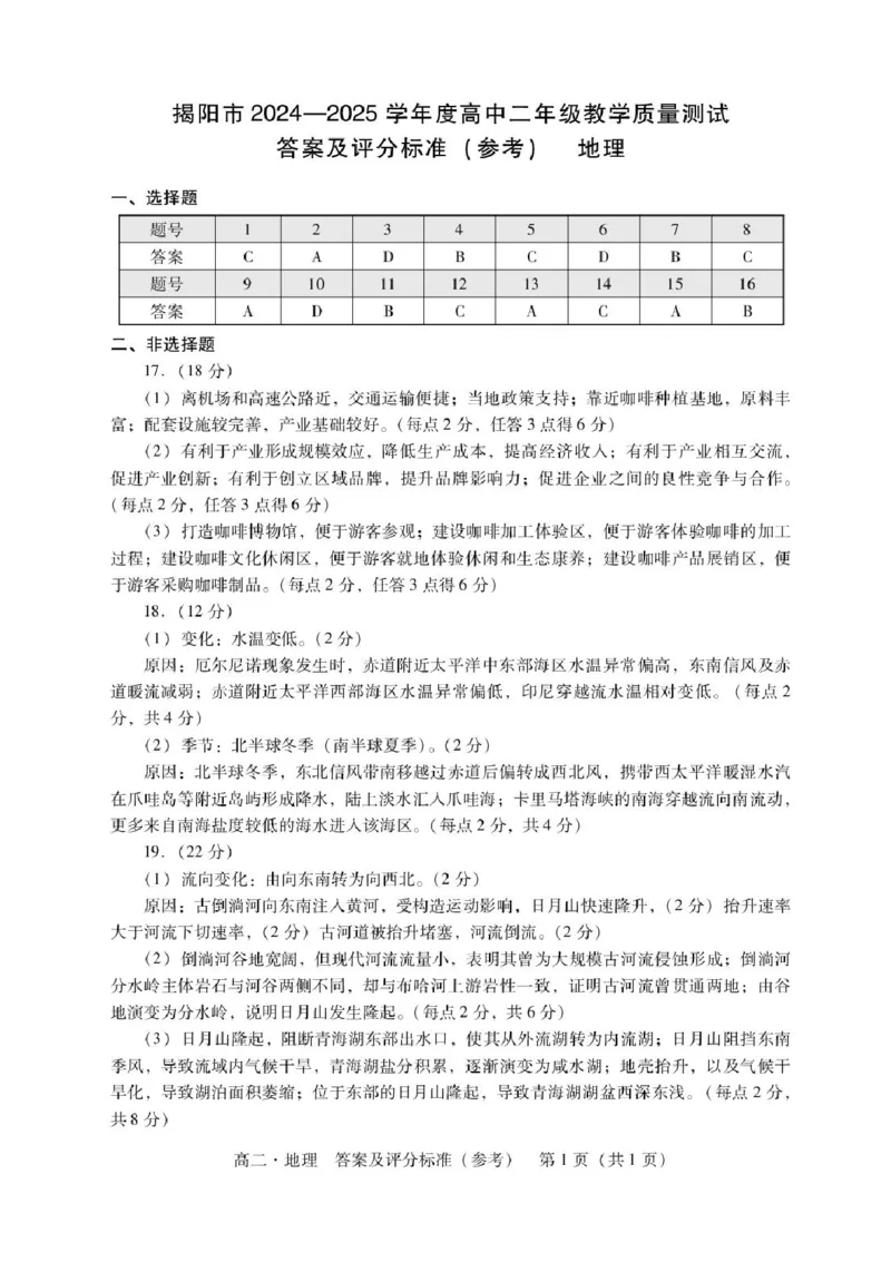 广东省揭阳市2024-2025学年高二下学期期末教学质量测试地理试卷（含答案）_2025年7月_250711广东省揭阳市2024-2025学年高二下学期期末教学质量测试（全科）