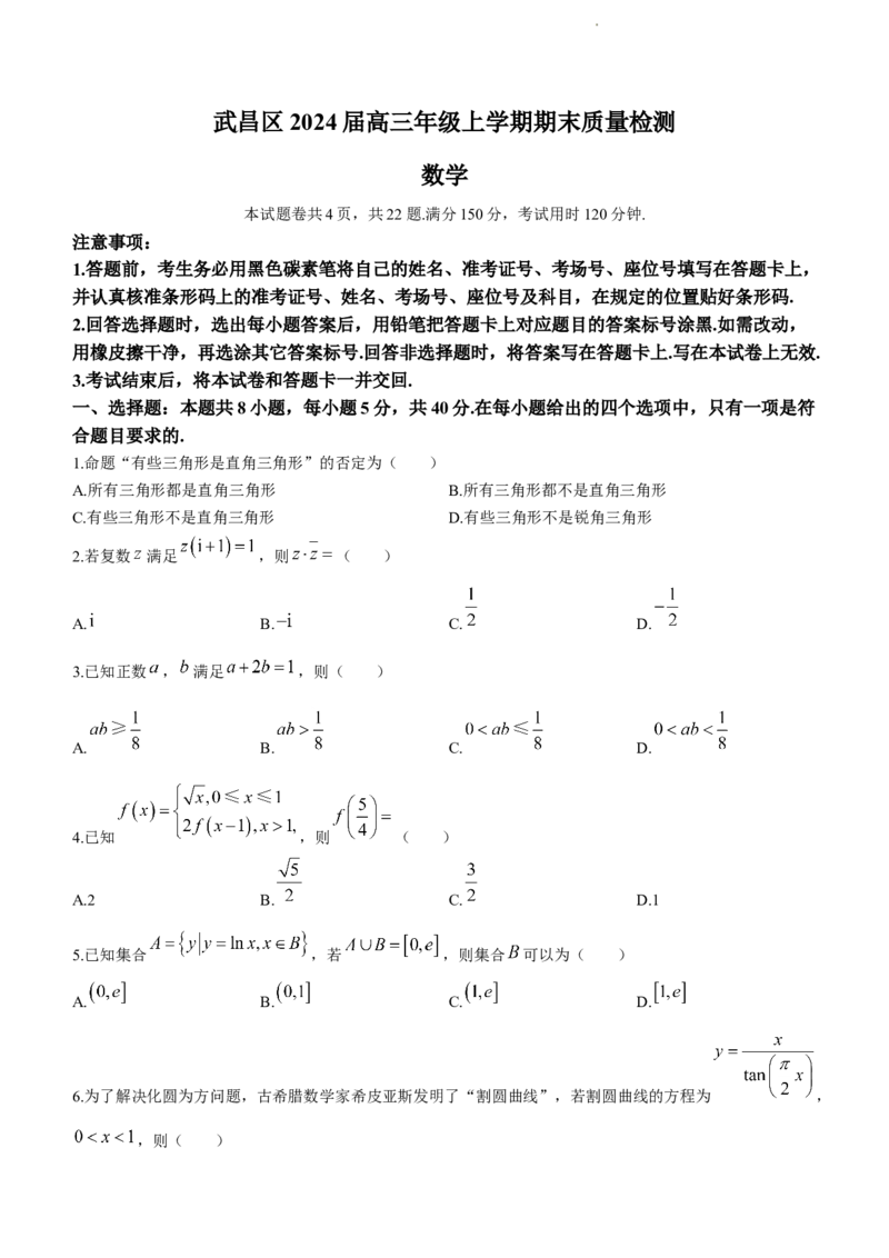 2024届湖北省武汉市武昌区高三上学期期末质量检测试题数学(1)_2024年1月_021月合集_2024届湖北省武汉市武昌区高三上学期期末质量检测试题