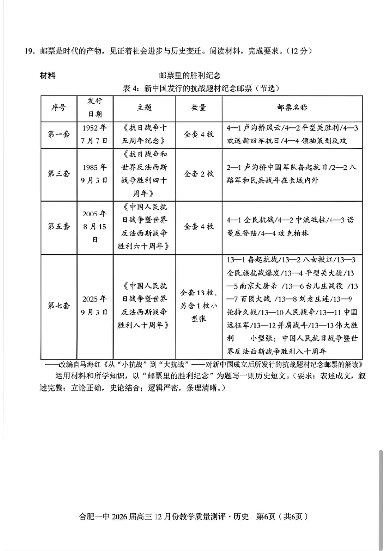 合肥一中高三历史试题_2025年12月_251212安徽合肥一中2026届高三12月份教学质量测评（全科）_合肥一中12月份教学质量测评历史