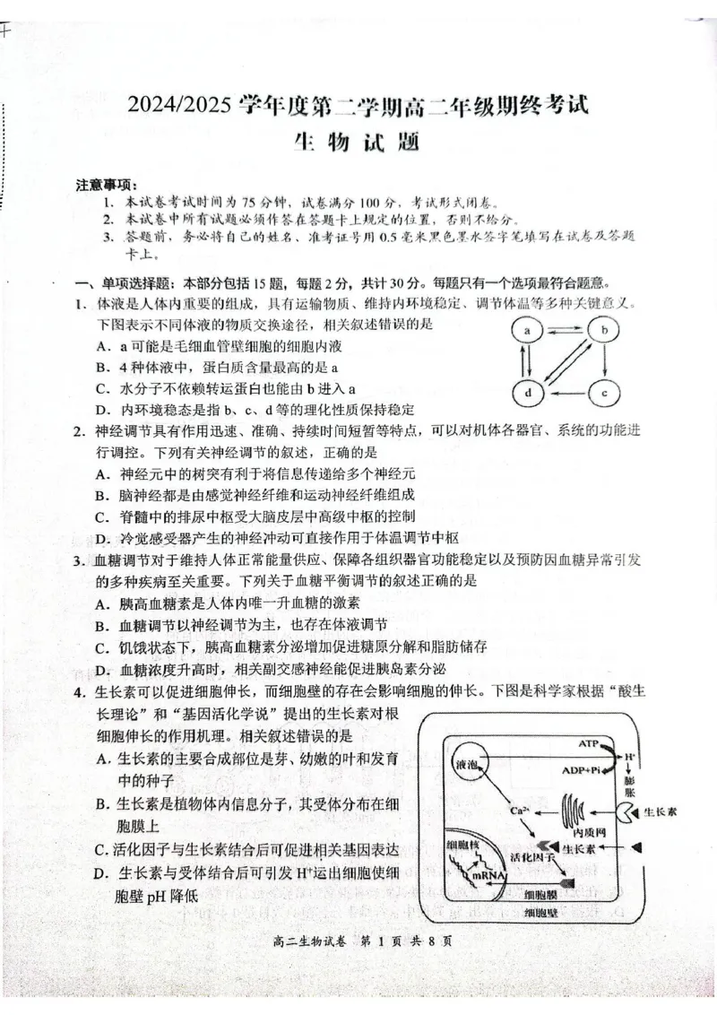 江苏省盐城市东台市2024-2025学年高二下学期期末考试生物试卷_2025年6月_250625江苏盐城市2024-2025学年高二下学期期末考试（全科）