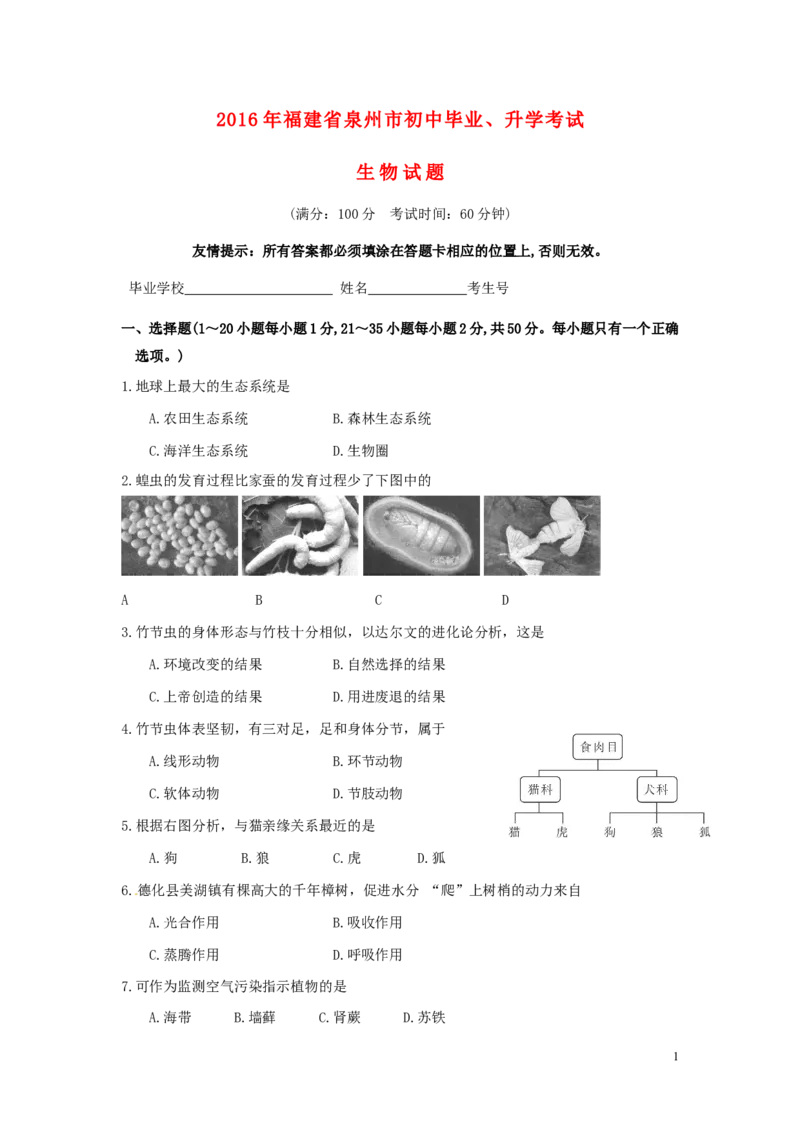 福建省泉州市2016年中考生物真题试题（含答案）_中考真题_8.生物中考真题2015-2024年_2016年全国中考生物74份