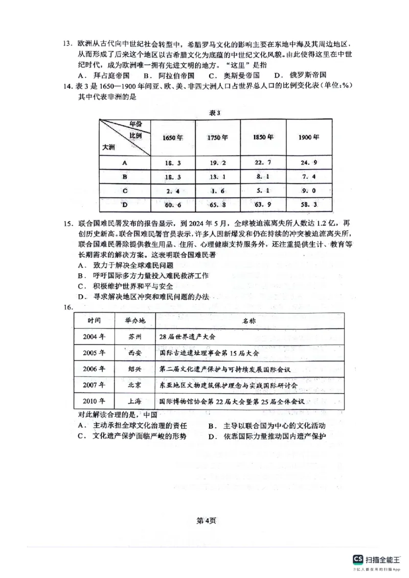 四川省绵阳南山中学2024-2025学年高二下学期6月月考历史+答案_2025年6月_250628四川省绵阳南山中学2024-2025学年高二下学期6月月考（期末热身考试）（全）