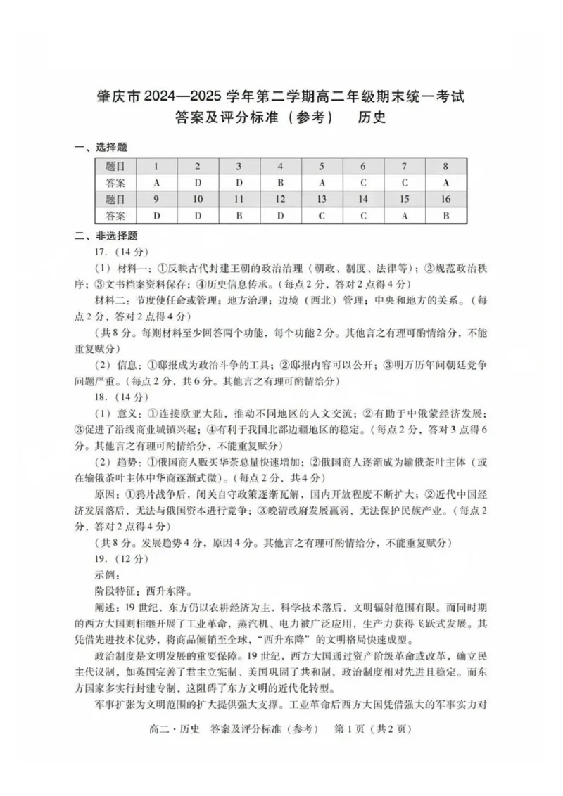 历史答案_2025年7月_250709广东省肇庆市2024-2025学年高二下学期期末考试（全科）_广东省肇庆市2024-2025学年高二下学期期末考试历史试题