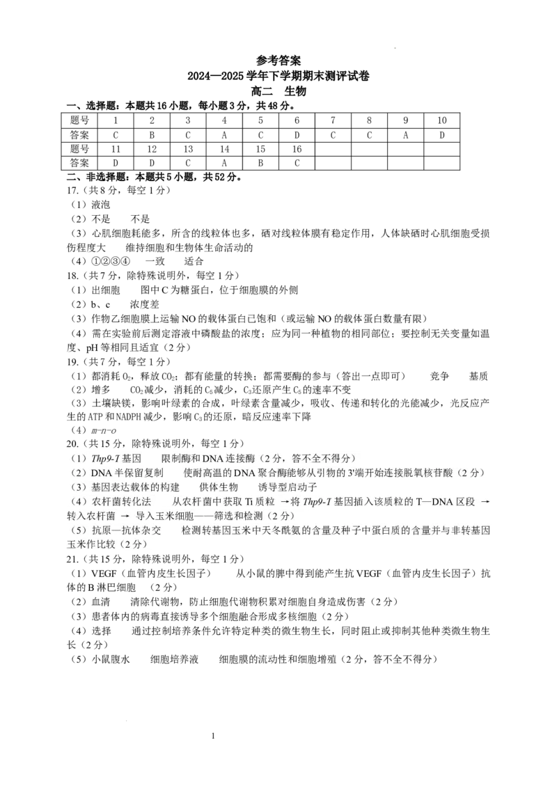 25高二下期末生物答案_2025年6月_250623河南省2024-2025年6月高二期末测评（全科）_河南省2024-2025学年高二下学期期末测评生物试题_生物