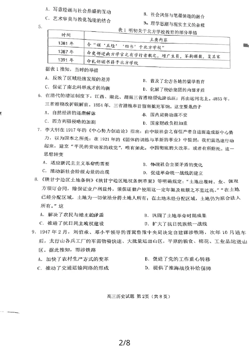 2024届福建省泉州市高三上学期质量检测(二)历史试卷_2024年1月_01每日更新_22号_2024届福建省泉州市高中高三上学期毕业班质量监测（二）