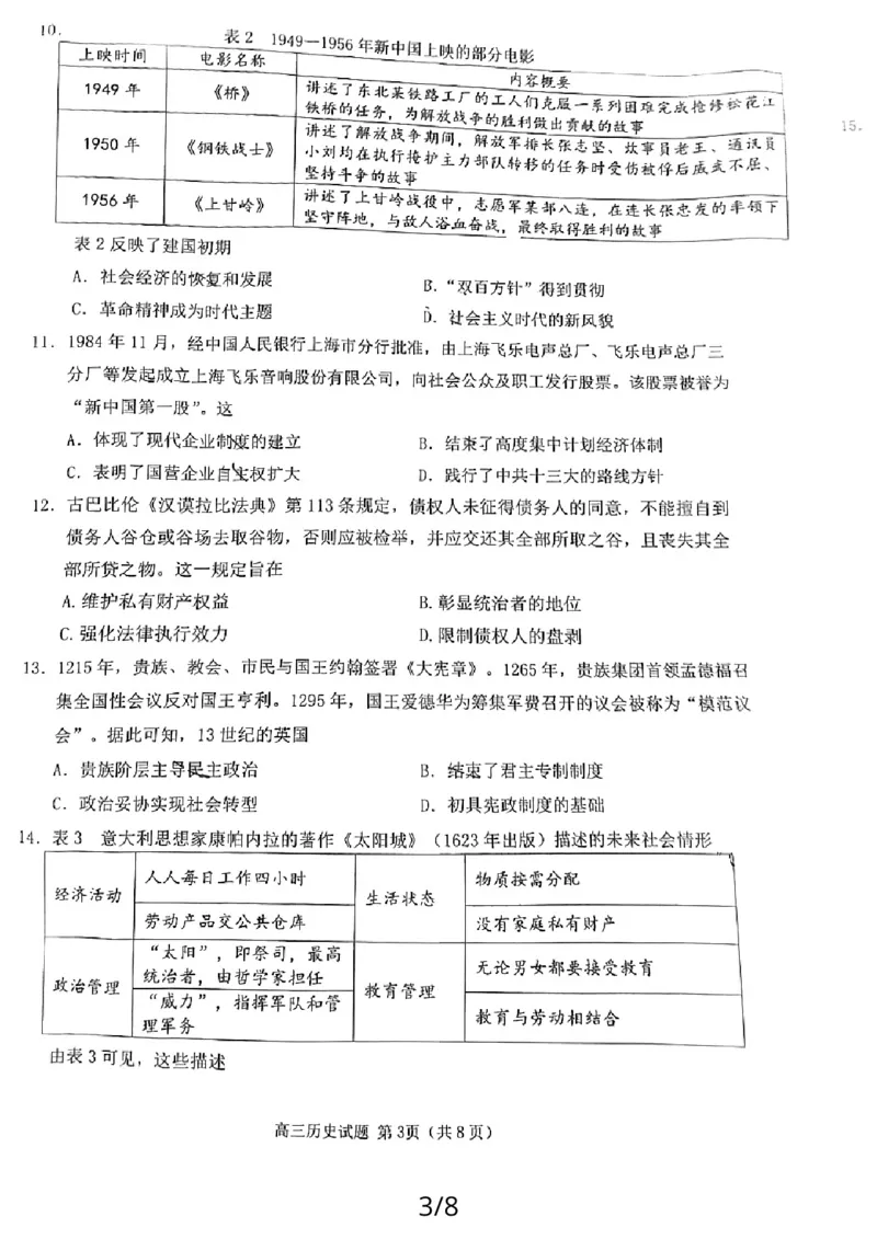 2024届福建省泉州市高三上学期质量检测(二)历史试卷_2024年1月_01每日更新_22号_2024届福建省泉州市高中高三上学期毕业班质量监测（二）