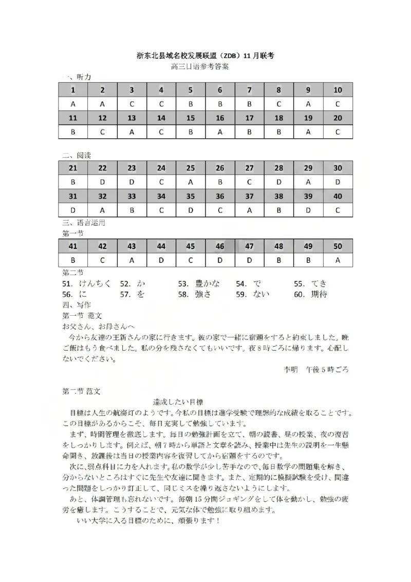 2025学年第一学期浙东北县域名校发展联盟（ZDB）11月诊断测试日语答案_251108浙江省2025学年第一学期浙东北县域名校发展联盟（ZDB）11月诊断测试（全科）