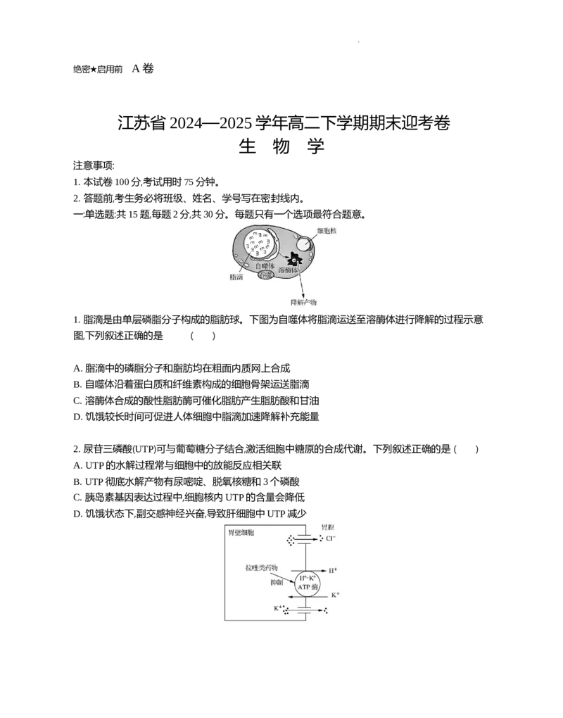 江苏省部分高中2024-2025学年高二下学期期末迎考生物试题_2025年6月_250618江苏省部分高中2024-2025学年高二下学期期末迎考（全科）