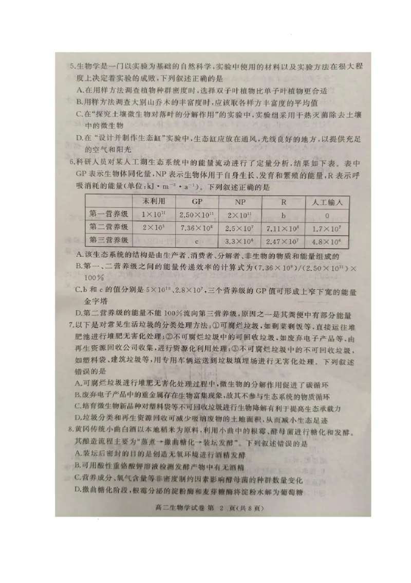 湖北省黄冈市2024-2025学年高二下学期期末质量监测生物试卷（含答案）_2025年7月_250704湖北省黄冈市2024-2025学年高二下学期期末质量监测（全科）