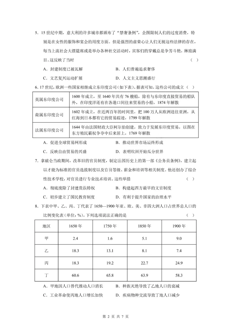 历史试题-四川省成都市第七中学2024-2025学年度下期高2026届零诊模拟考试_2025年6月_250625四川省成都市第七中学2024-2025学年度下期高2026届零诊模拟考试（全科）