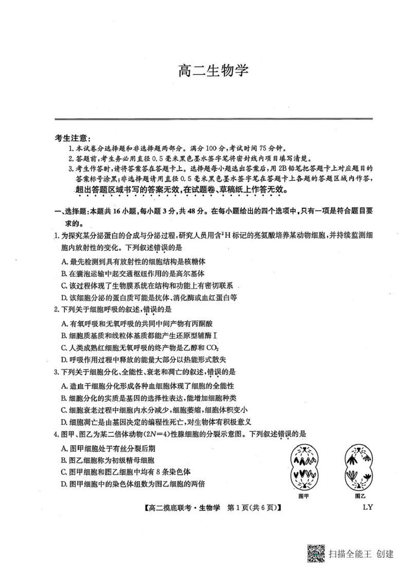 九师联盟2024-2025学年高二下学期6月摸底联考生物试题（含答案）_2025年6月_250613九师联盟2024-2025学年高二下学期6月摸底联考（全科）(1)