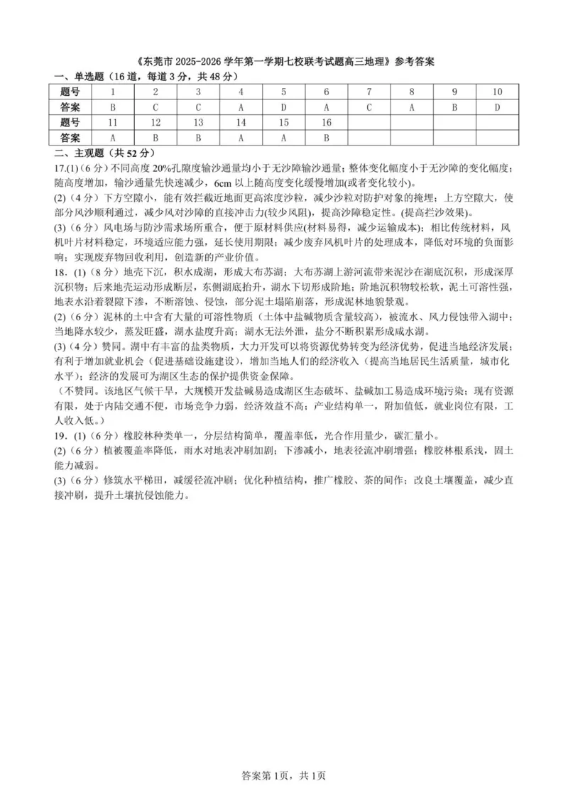 2025-2026学年第一学期七校联考高三地理参考答案_2025年12月_251210广东省东莞市七校2025-2026学年高三上学期12月联考（全科）