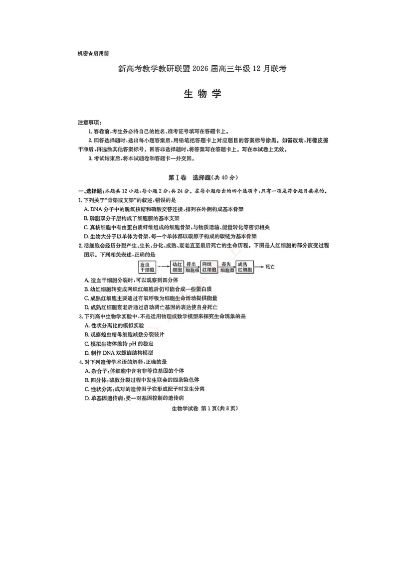湖南省新高考教学教研联盟2026届高三年级12月联考（长郡二十校联盟）生物_2025年12月_251202湖南省新高考教学教研联盟2026届高三年级12月联考（长郡二十校联盟）（全科）