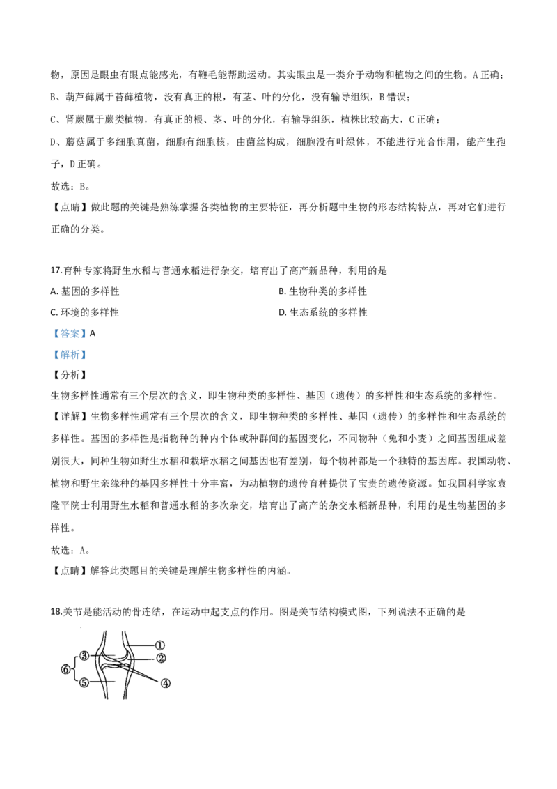 精品解析：2019年山东日照中考生物试题（解析版）_中考真题_8.生物中考真题2015-2024年_2019年全国中考生物92份_精品解析：山东省日照市2019年中考生物试题