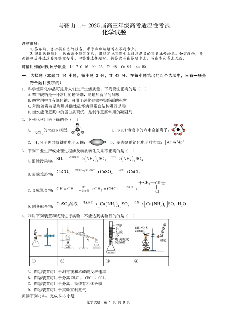 ==化学试题_2025年6月_250602安徽省马鞍山二中2025届高三年级高考适应性考试（全科）_卷word