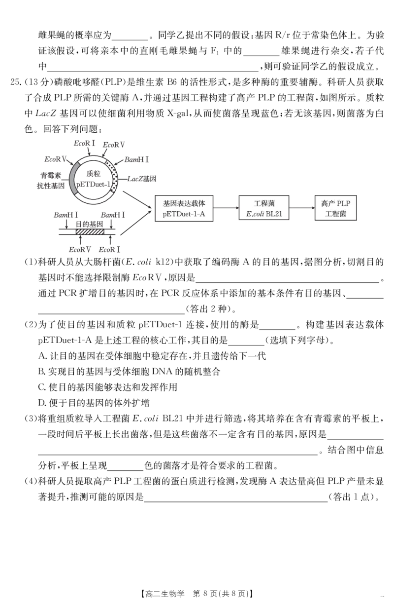 内蒙古2024-2025学年高二下学期7月联考生物_2025年7月_250725金太阳&middot;内蒙古2024-2025学年高二下学期7月联考（金太阳25-588B）（全科）