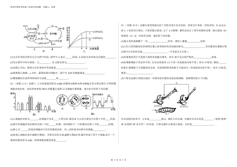 2023-2024学年度高三生物第一次月考试卷_2024届山东省菏泽外国语学校高三上学期第二次月考试题_山东省菏泽外国语学校2024届高三上学期第二次月考试题生物