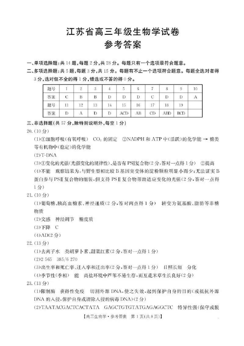 江苏金太阳百校联考2026届高三上学期12月生物试题+答案_2025年12月_251218江苏金太阳百校联考2026届高三上学期12月联考（197C1）（全科）