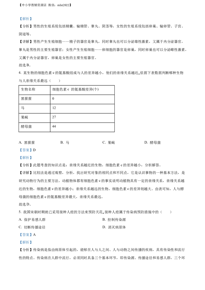 精品解析：2022年吉林省大安市中考生物真题（解析版）(1)_中考真题_8.生物中考真题2015-2024年_2022年全国中考生物114份14