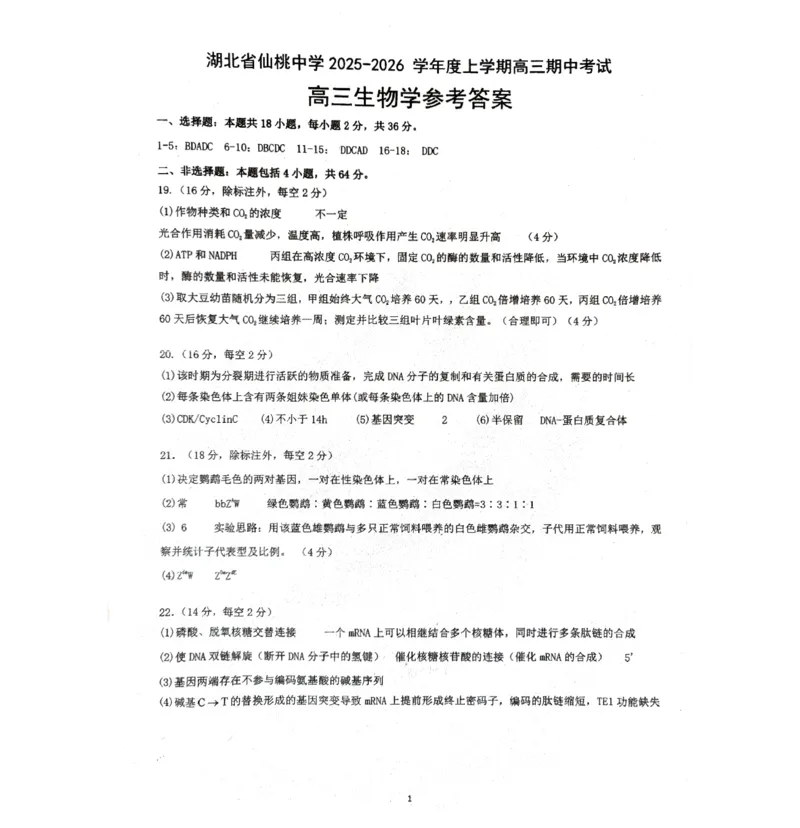 湖北省仙桃中学2026届高三上学期期中考试生物试卷含答案_251110湖北省仙桃中学2026届高三上学期期中考试（全科）