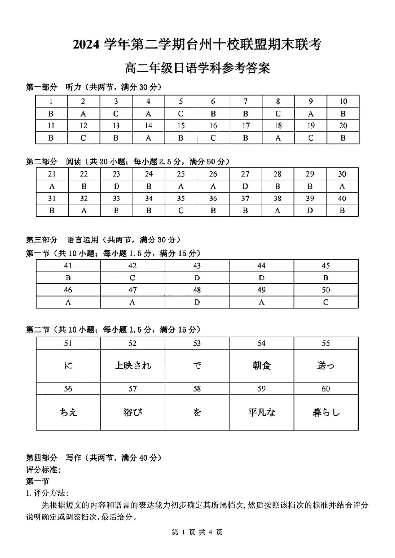 日语答案-2506台州十校高二期末_2025年6月_250628浙江台州市2024-2025学年高二下学期6月期末（全科）