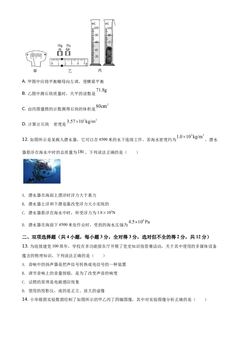 精品解析：2021年湖南省衡阳市中考物理试题（原卷版）_中考真题_4.物理中考真题2015-2024年_地区卷_湖南省_湖南衡阳物理18-22