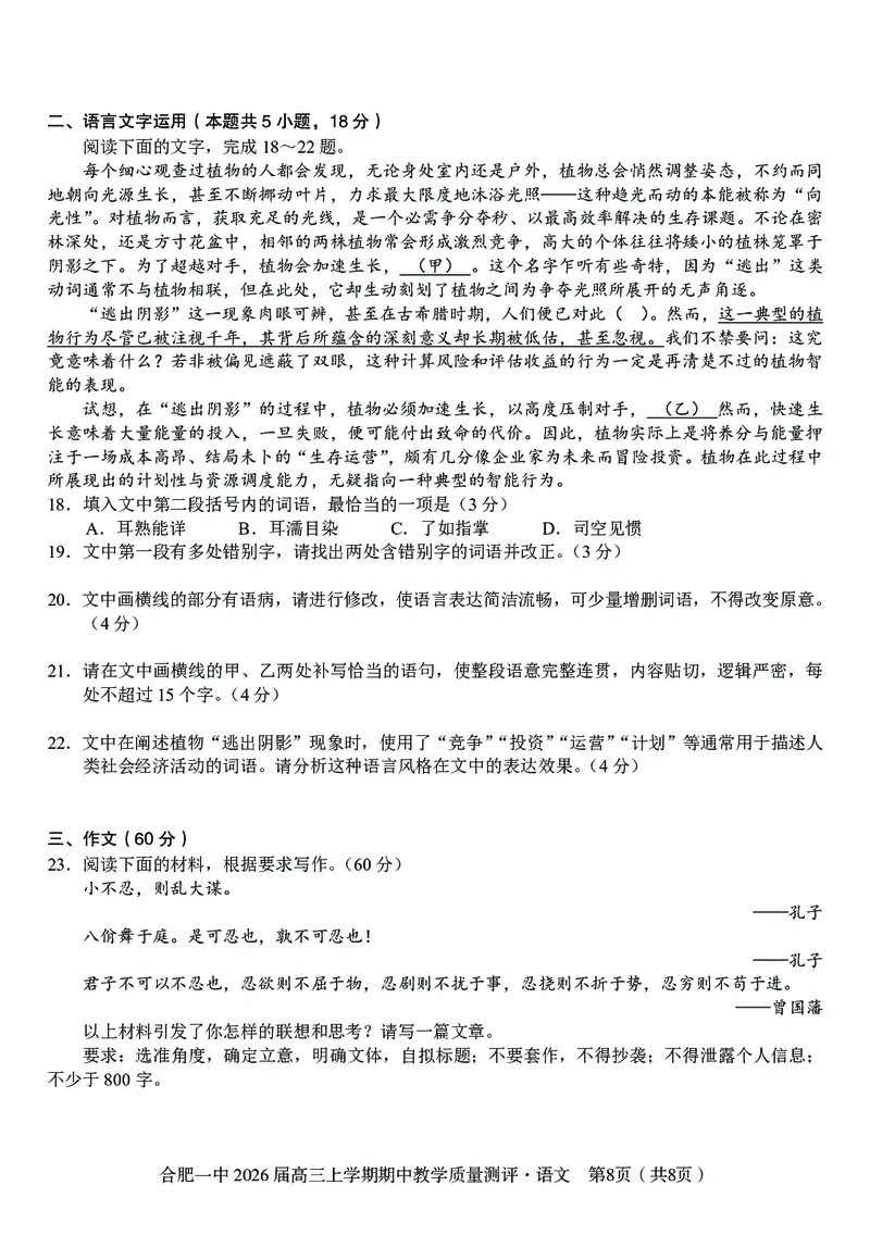 语文合肥一中2026届高三上学期期中教学质量检测_251115安徽省合肥一中2026届高三上学期期中教学质量检测（全科）