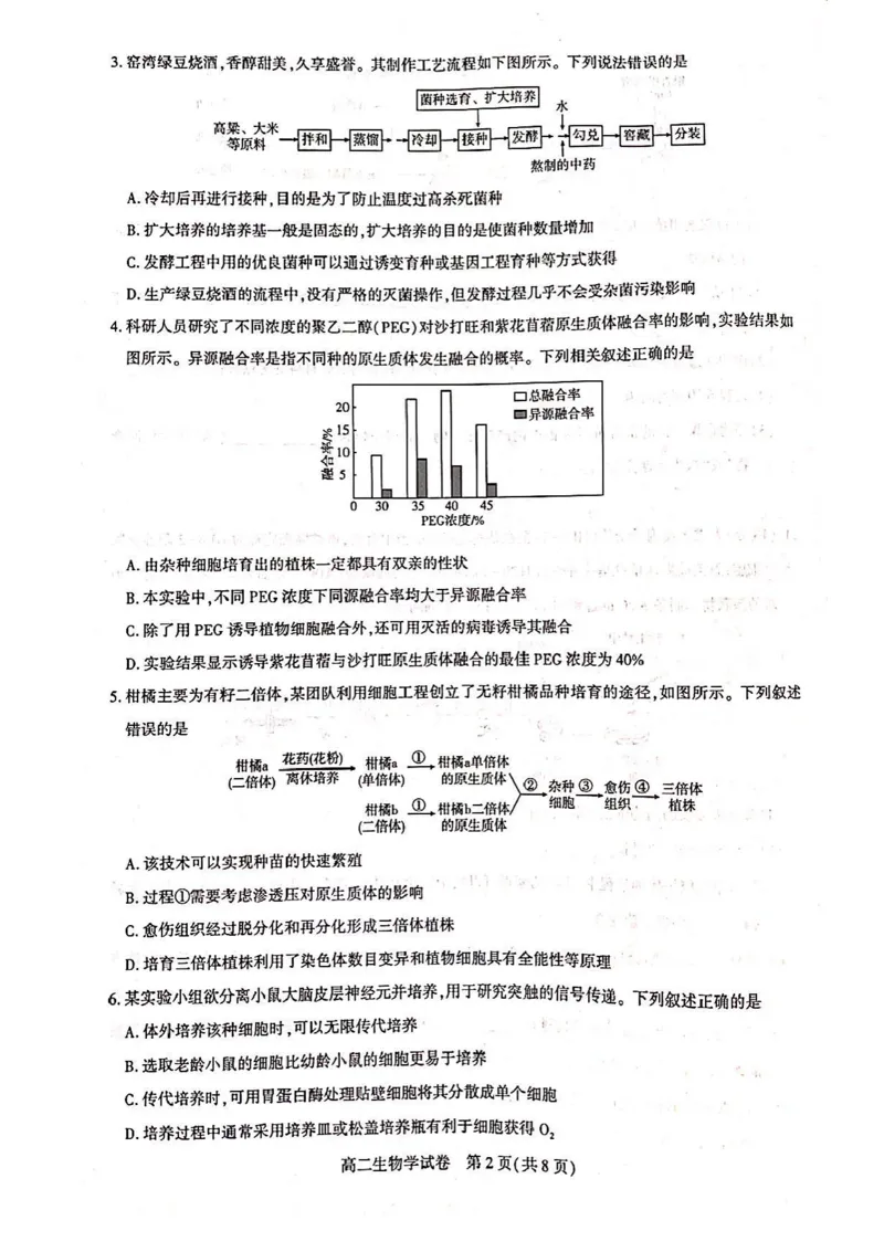 湖北省武汉市部分重点中学2024-2025学年高二下学期6月期末联考生物试卷（含答案）_2025年6月_250626湖北省（圆创教育）武汉市部分重点中学2024-2025学年高二下学期期末联考（全科）