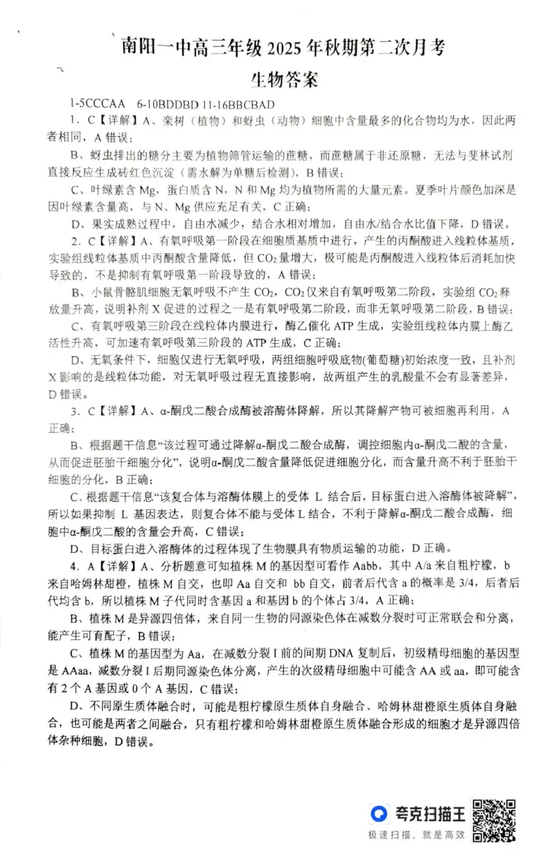 南阳市第一中学校2025-2026学年高三上学期第二次月考生物答案_2025年12月_251208河南省南阳市第一中学校2025-2026学年高三上学期第二次月考（全科)