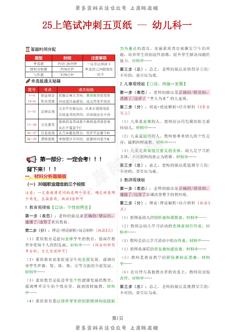 幼儿园科一五页纸_4-教培资料-26年最新资料-同步更新_科一科二电子资料合集中小幼（笔记真题知识点汇总等）文件多，按需保存_各机构笔记合集（中小幼）推荐