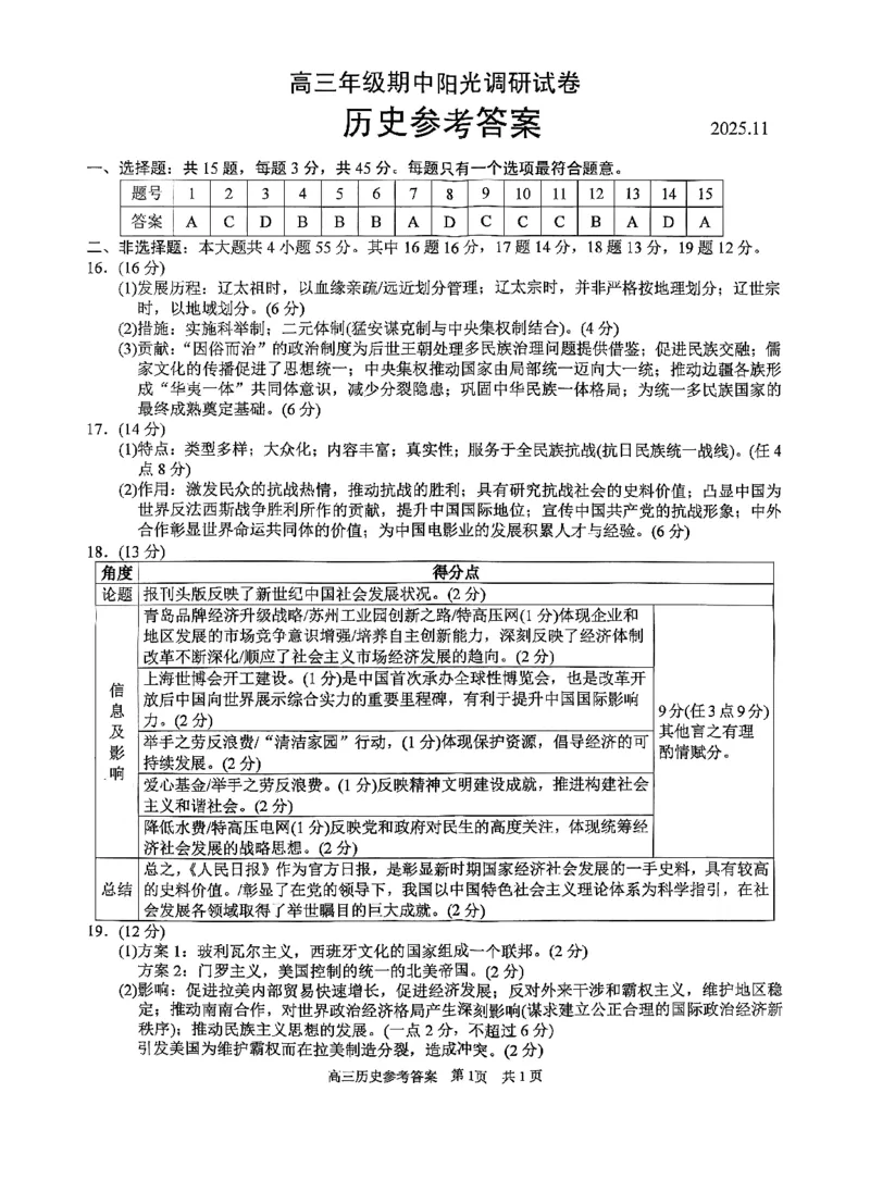 江苏省苏州市2025-2026学年高三上学期期中阳光调研历史试题（含答案）_251119江苏省苏州市2025-2026学年高三上学期期中阳光调研（全科）