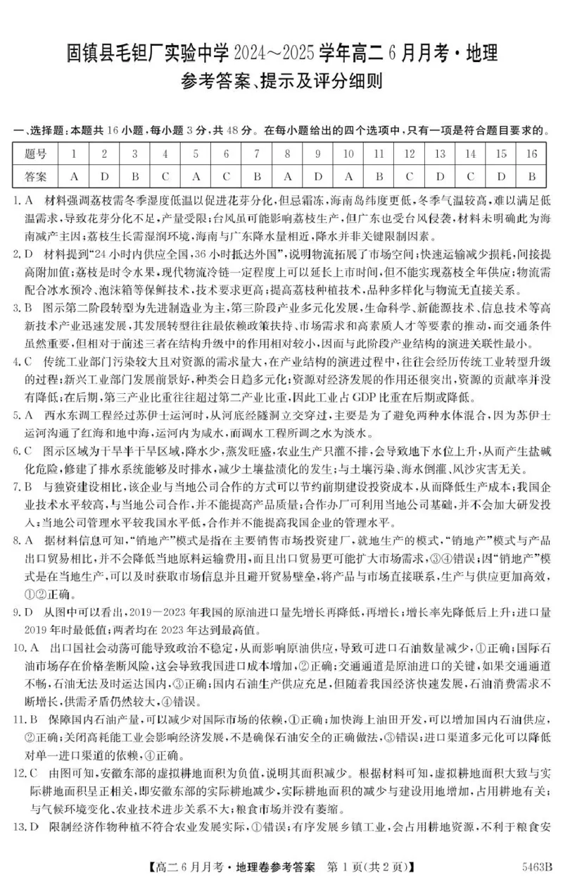 安徽省蚌埠市固镇县固镇县毛钽厂实验中学2024-2025学年高二下学期6月月考地理试卷参考答案_2025年6月_250629安徽省毛钽厂实验中学2024-2025学年高二下学期6月月考（全科）