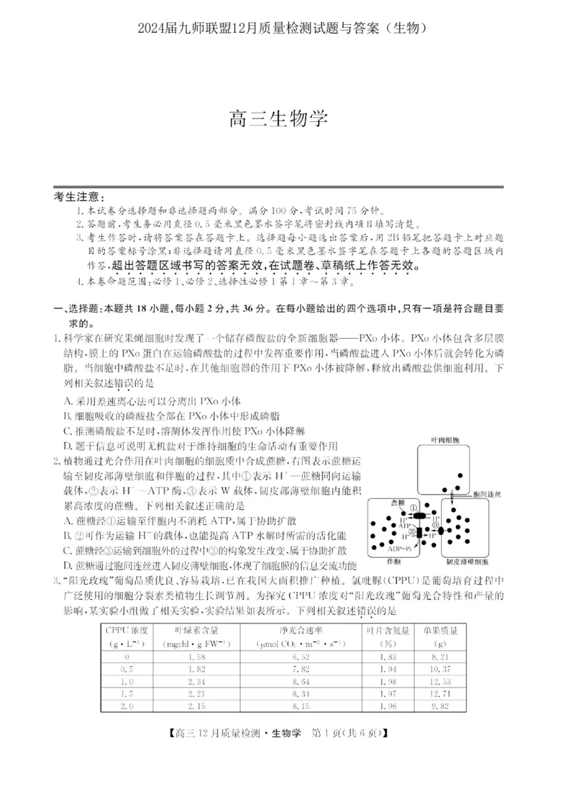 2024届九师联盟高三12月质量检测生物_2024届九师联盟高三12月质量检测