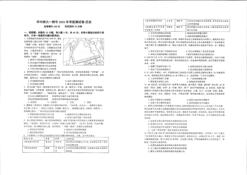 湖北省华中师大一附中2025年高考学科核心素养卷历史_2025年6月_2506042025届湖北省武汉市华中师范大学第一附属中学高三下学期核心素养卷（全科）