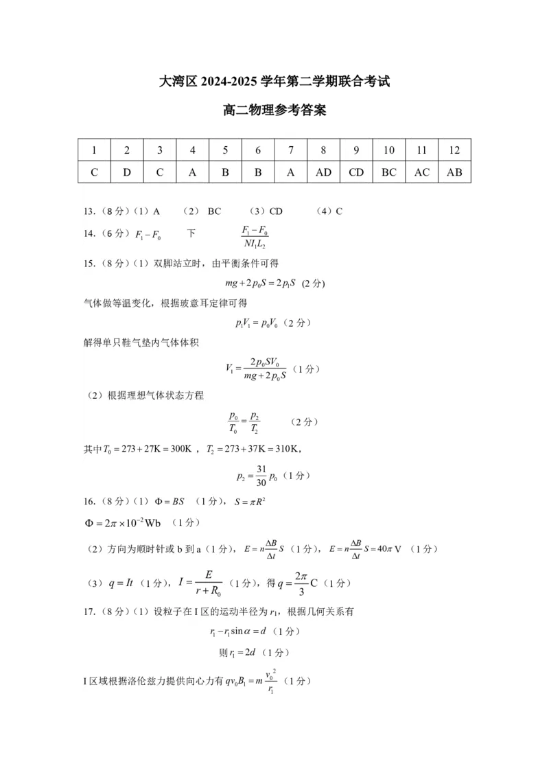 大湾区2024-2025学年第二学期联合考试高二物理参考答案_2025年7月_250707广东省大湾区2024-2025学年高二下学期期末统一测试_广东省大湾区2024-2025学年高二下学期期末考试物理试卷